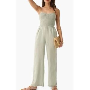 Faherty Mandy Smocked Linen Jumpsuit Sage Green Medium